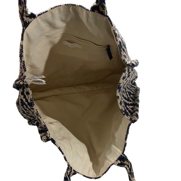 H&M Jacquard-Weave Handbag Large-Sized Brown & Blue Canvas Open Tote Bag Jute - Picture 9 of 10